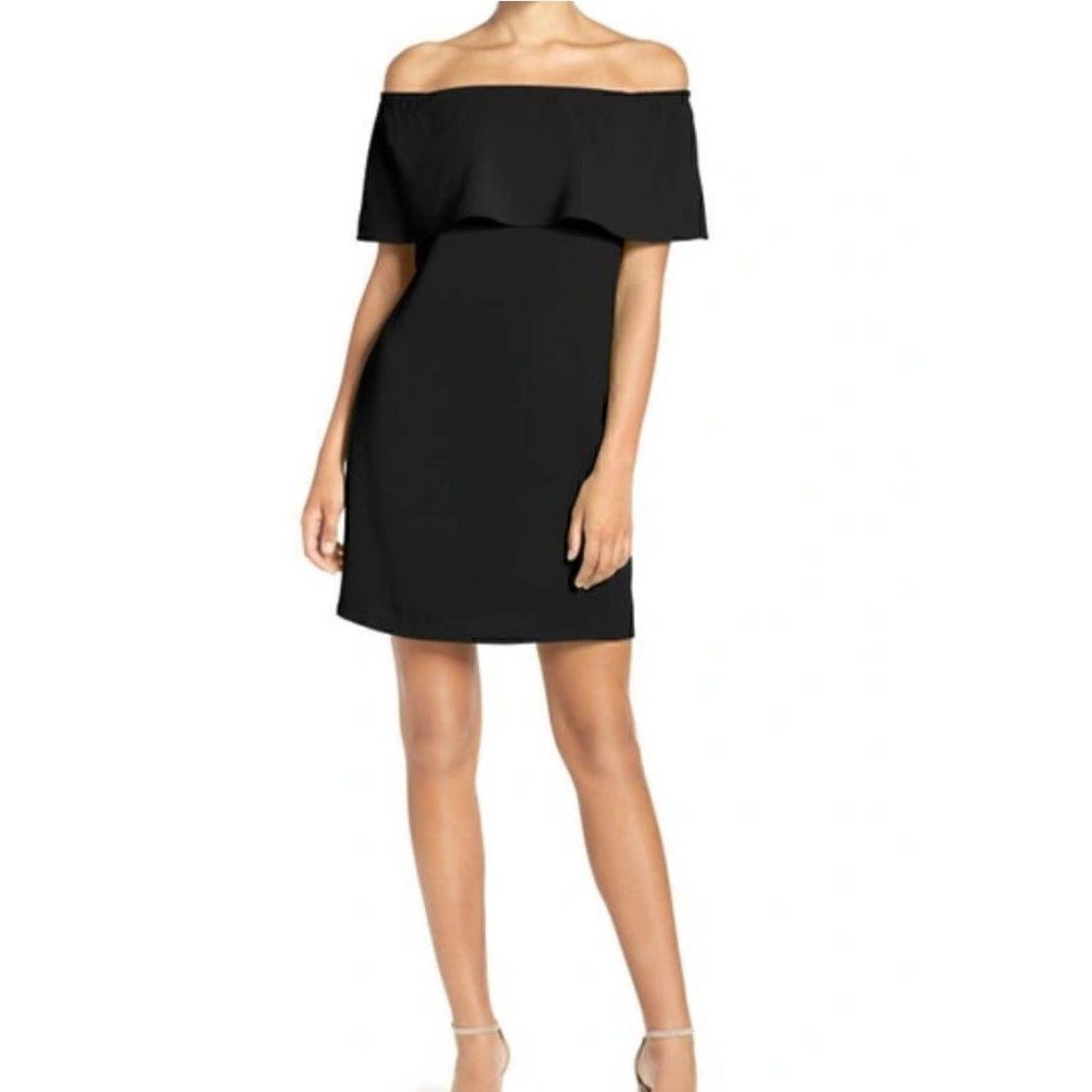 Charles Henry Off The‎ Shoulder Mini Ruffle Sheath Dress Black Crepe NWT Small